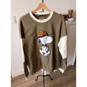 Peanuts Snoopy Beagle Scout Crewneck Sweatshirt - Large - Olive Green & Cream